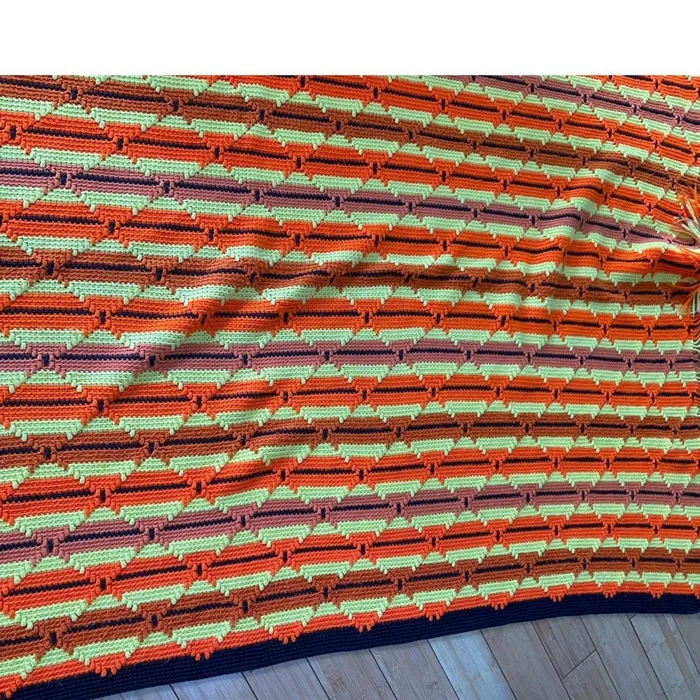 Vintage Handmade Crochet Afghan Throw Blanket Orange yellow Brown Diamond 70s
